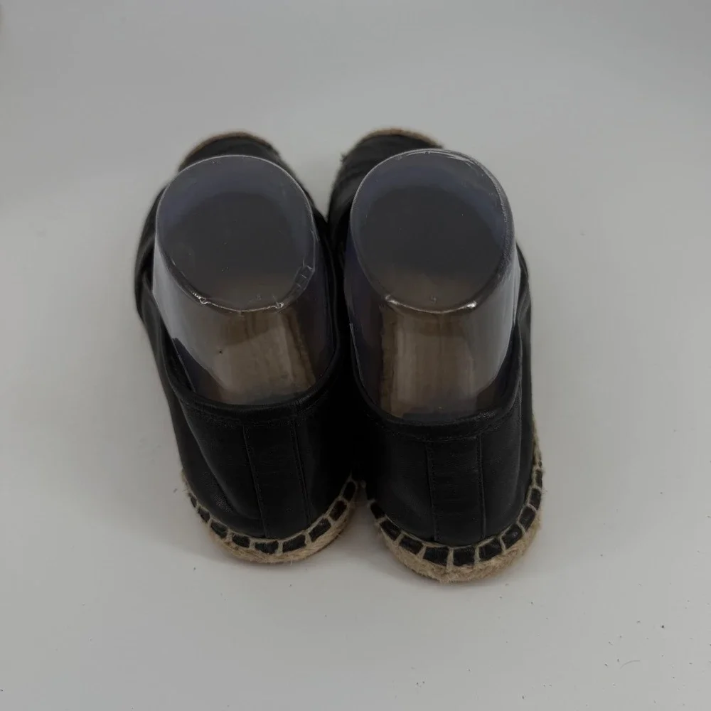 Tory Burch Ines Perforated Logo Espadrille Flats Size 7.5 Black Leather Jute